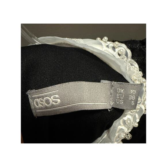 ASOS Black Chiffon Swing Dress Lace Sleeves Embellished Peter Pan Collar Sz 6 - Picture 3 of 6